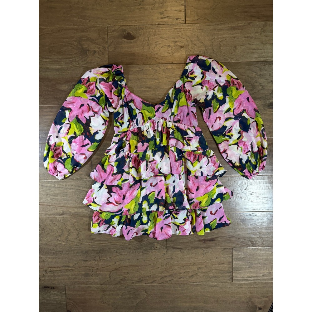 Abercrombie & Fitch Floral Tiered Ruffle Mini Dress Pink Lime‎ Navy MP Womens